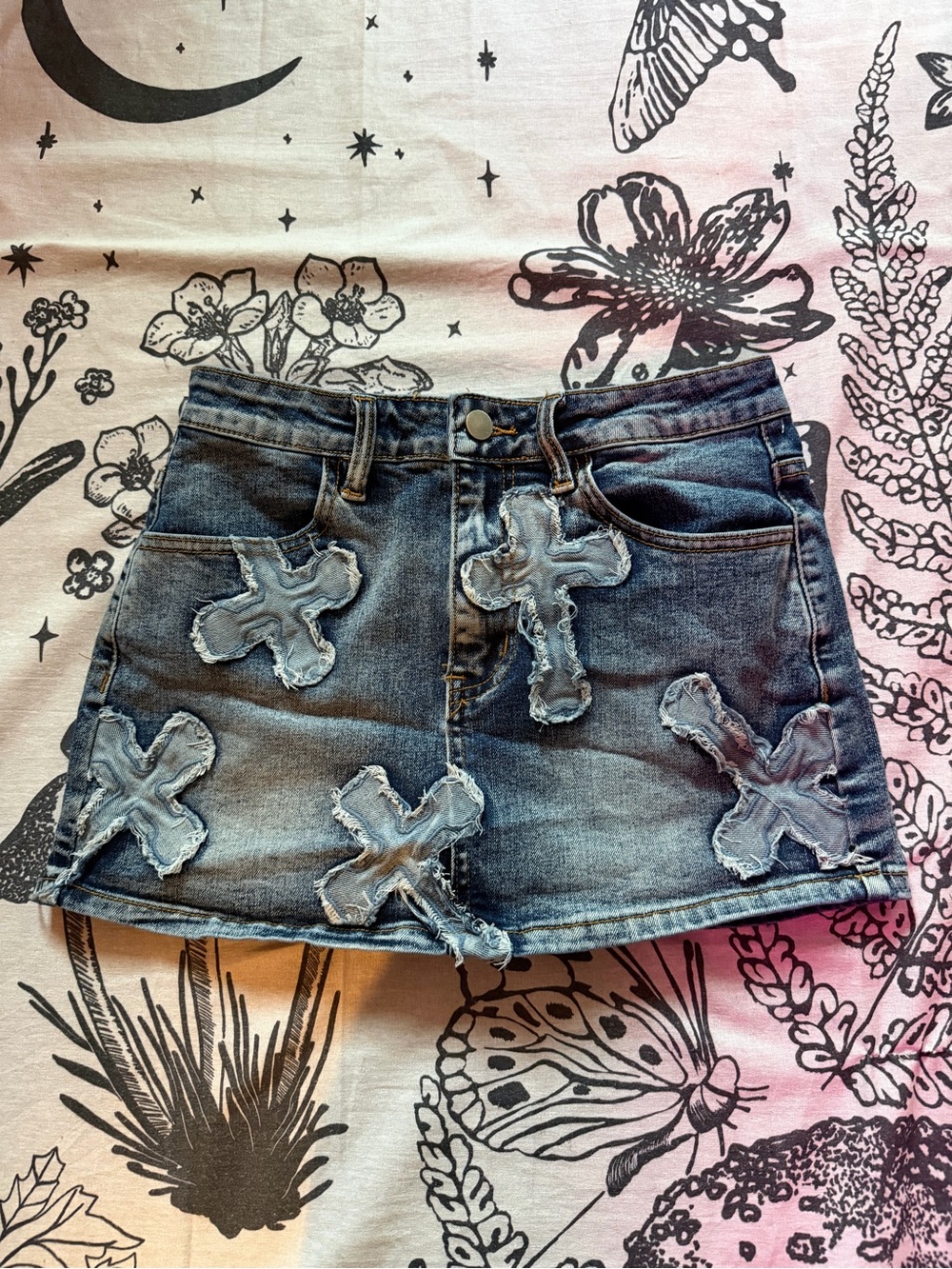 Rehab Distressed Denim Mini Skirt with Cross Patch Accents - Blue